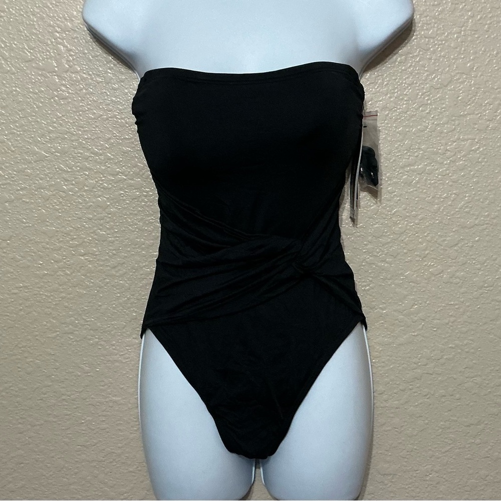 Carmen Marc Valvo Strapless Black Twist-Front One-Piece Swimsuit